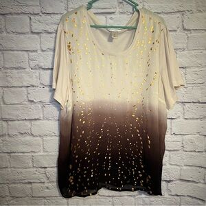 CJ Banks ombré 2X cream and brown v neck short sleeve blouse Viscose overlay